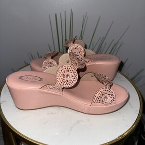 Atalina Pink Wedge Shoes with Platform Sole and Rhinestone Floral Medallions